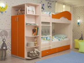 Кровать 2-х ярусная Мая с ящиками и шкафом на латофлексах оранж в Миассе - miass.magazinmebel.ru | фото