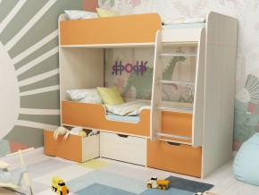 Кровать двухъярусная Малыш двойняшка дуб молочный-оранжевый в Миассе - miass.magazinmebel.ru | фото