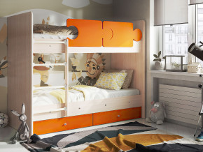 Кровать двухъярусная Тетрис латы с бортиками дуб млечный-оранжевый в Миассе - miass.magazinmebel.ru | фото