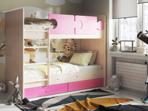 Кровать двухъярусная Тетрис латы с бортиками дуб млечный-розовый в Миассе - miass.magazinmebel.ru | фото